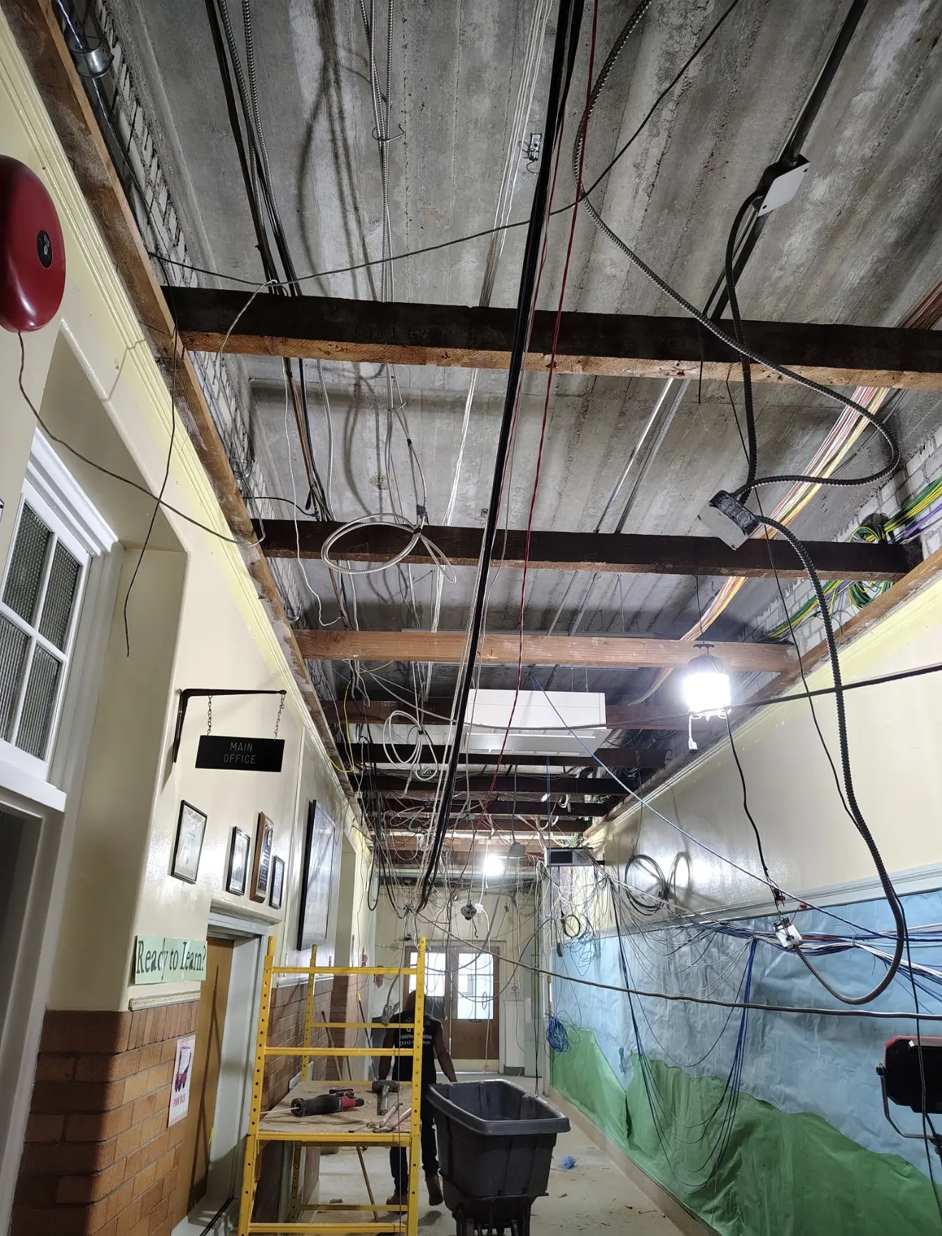 Interior stripped back to framing and ceiling during a renovation demolition